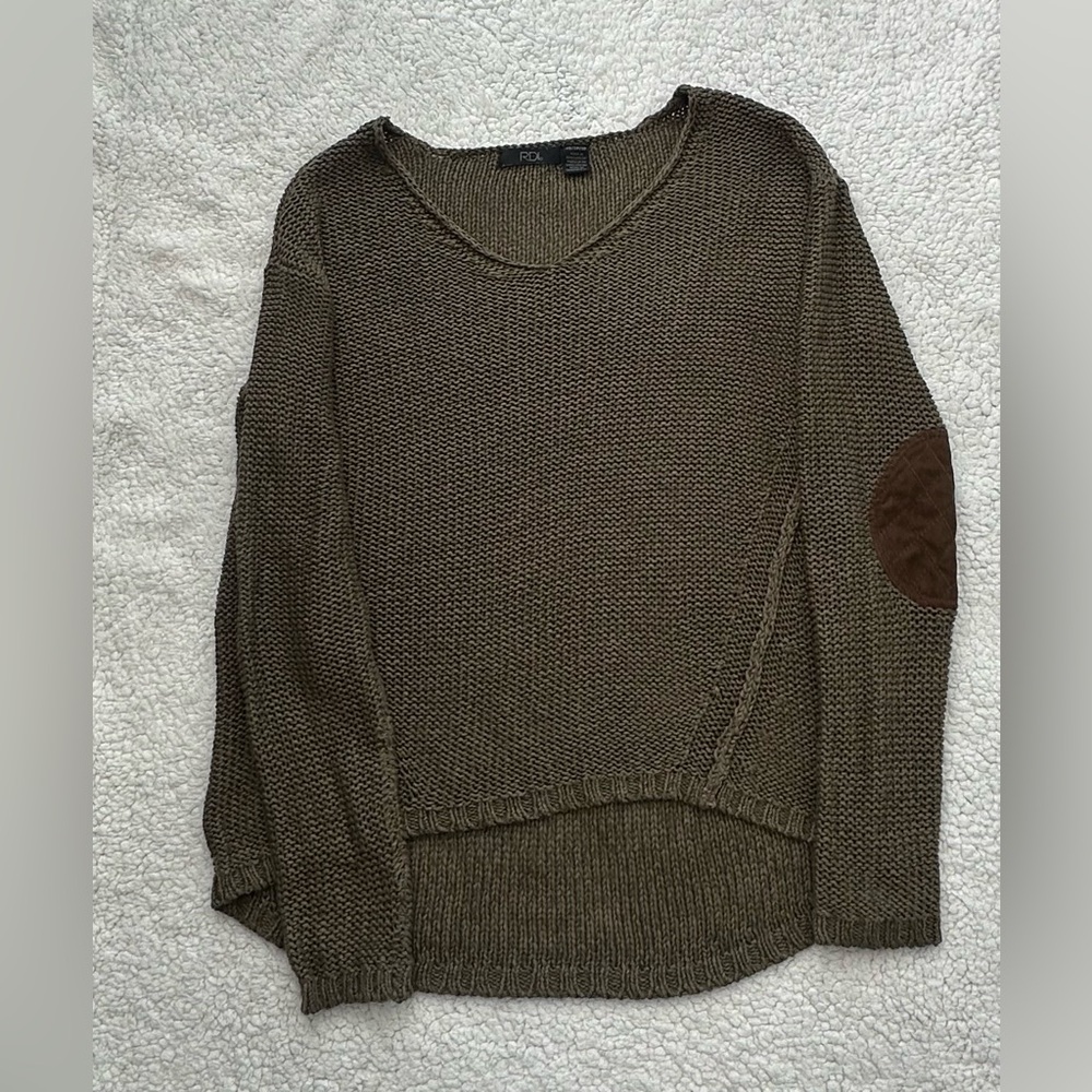 RDI V-Neck Elbow Patch Sweater - Army Green with Brown Elbow Patch Women Size XS